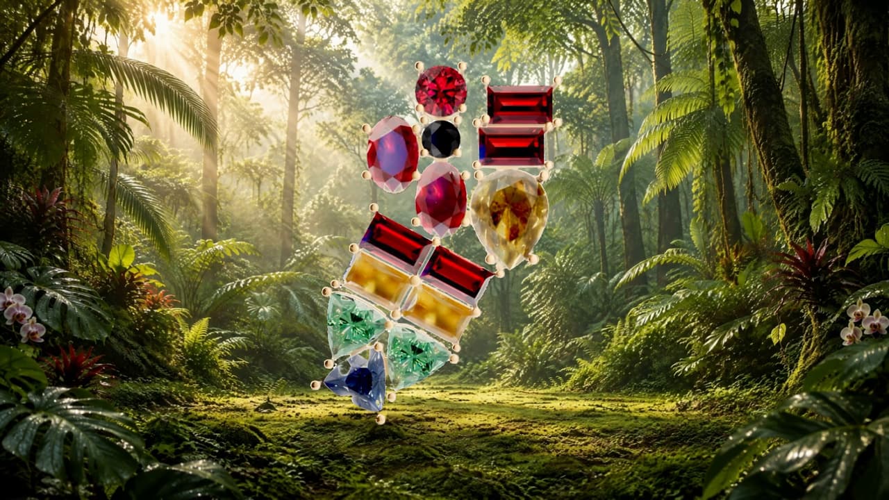 Colar Arara flutuando numa floresta iluminada
