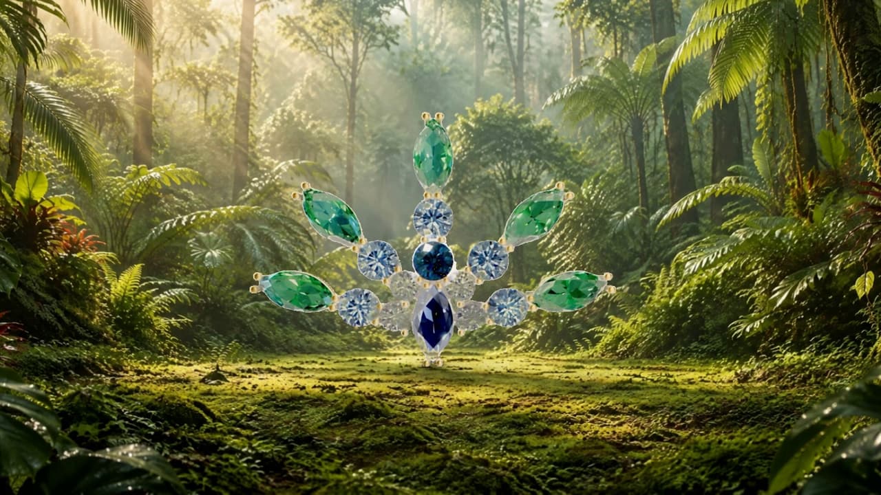 Colar Pavão flutuando numa floresta iluminada